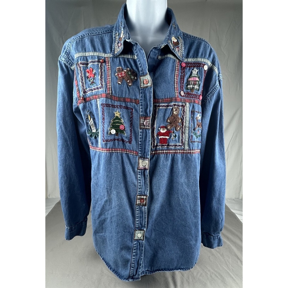 VTG Christmas denim shirt embroidered patchwork holiday button up Large